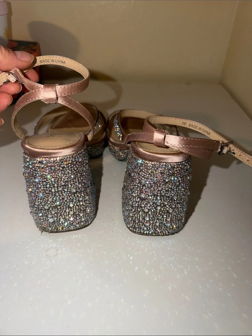 Betsey Johnson Blush Pink Crystal Embellished Block Heel Sandals